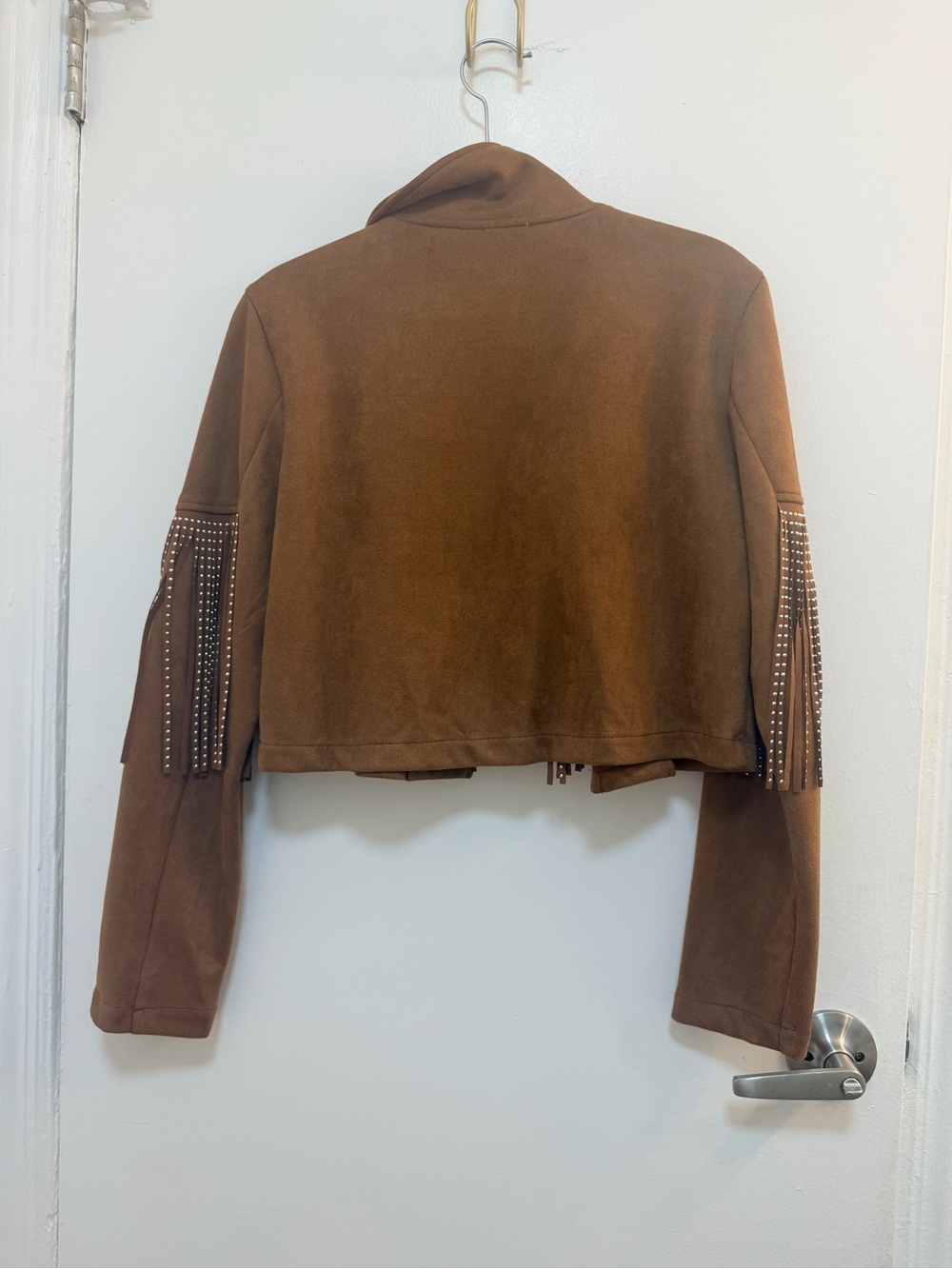 Francesca's Collections Brown Faux Suede Fringe Jacket with Studs - Picture 2 of 3